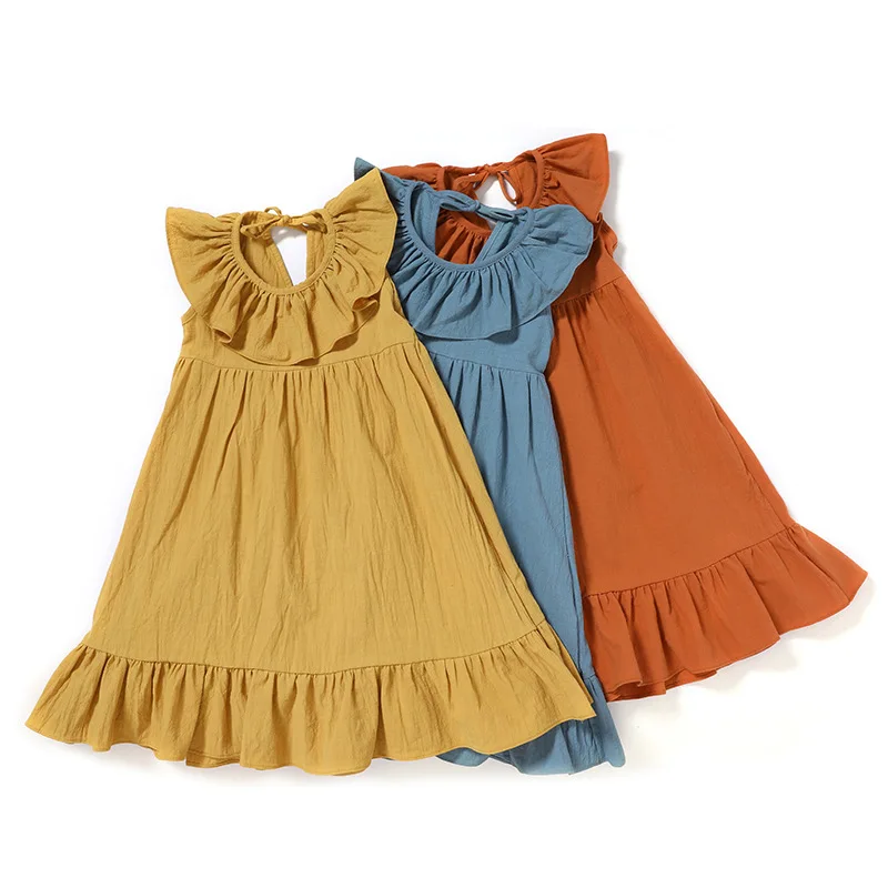 Summer Sleeveless Ruffle Kid Cotton Linen New Born Baby Girl Dresses Baby Dresses Girl