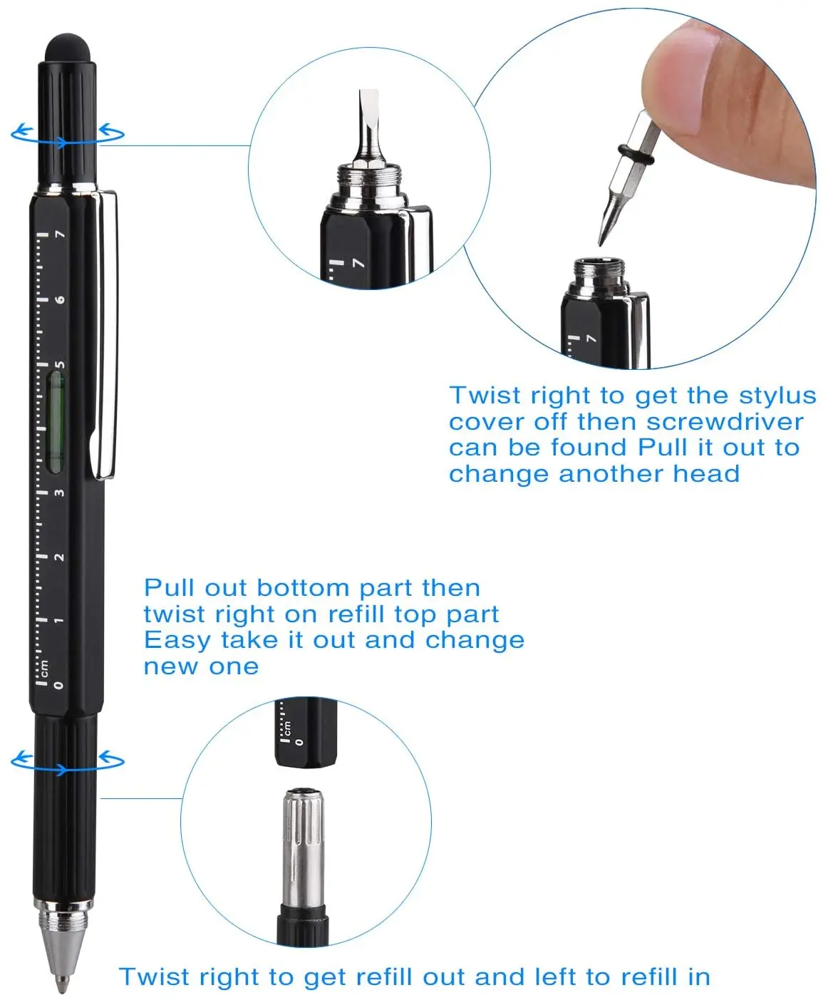 6 in 1 Screwdriver Tool Pen - Mini Multifunction Pen with Stylus, Flat and Phillips Screwdriver Bit, Bubble Level and inch cm Ru