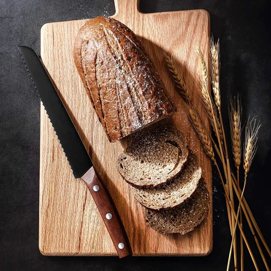 High quality black coated blade 3 rivets wooden handle knife set kitchen with block