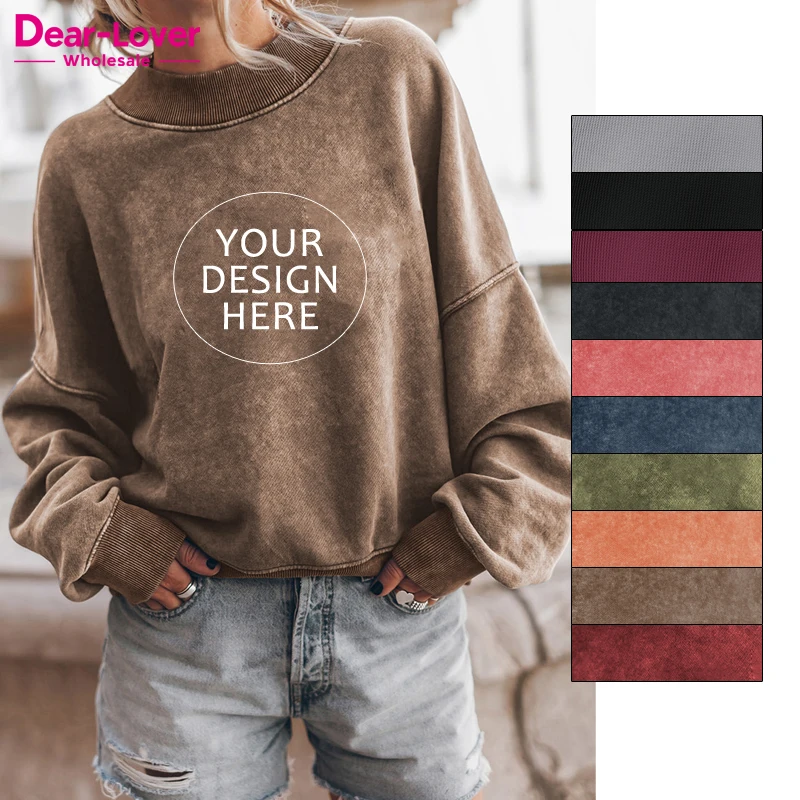 Dear-Lover OEM ODM High Quality 300Gsm Blank Plain Drop Shoulder Acid Wash Oversized Women Logo Custom Crewneck Sweatshirts