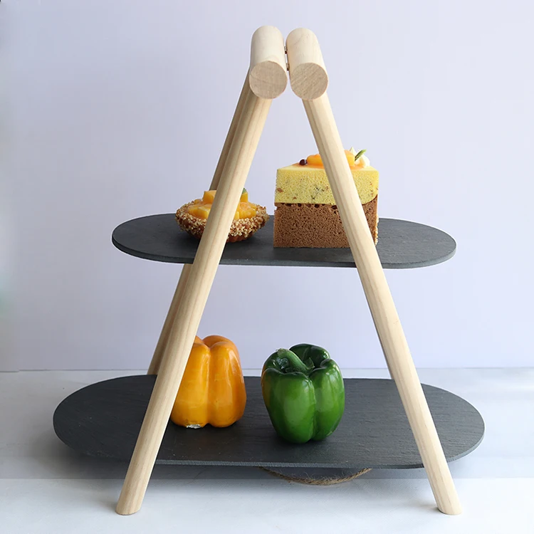 Оптовая продажа, 2 яруса, Овальный натуральный черный сланцевый лоток с деревянной ручкой