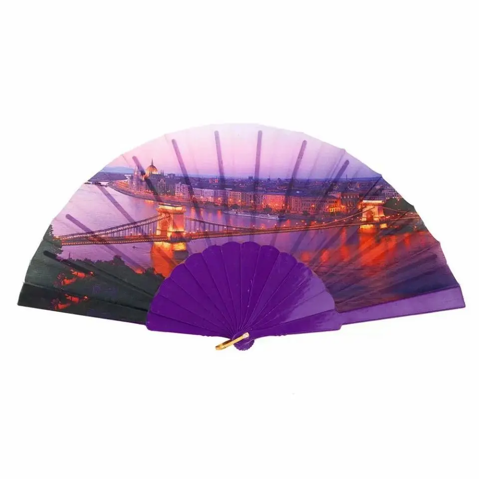 Wholesale Manufacturing 23cm Custom Colored Plastic Rib Satin Oxford Cloth Folding Hand Fan for Promotion