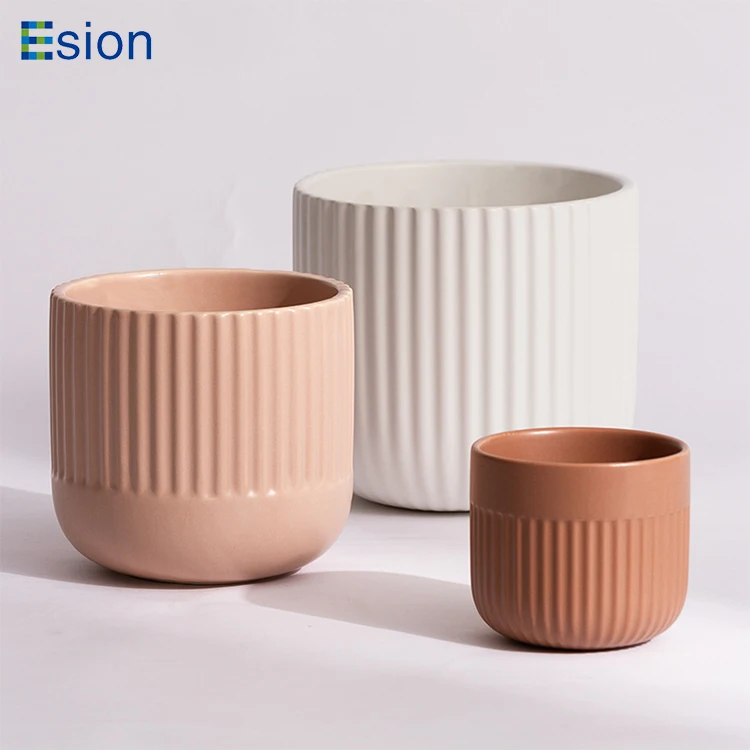 Nordic simple matte striped ceramic flower pot modern earth color green plant potted green radish succulent desktop flower pot
