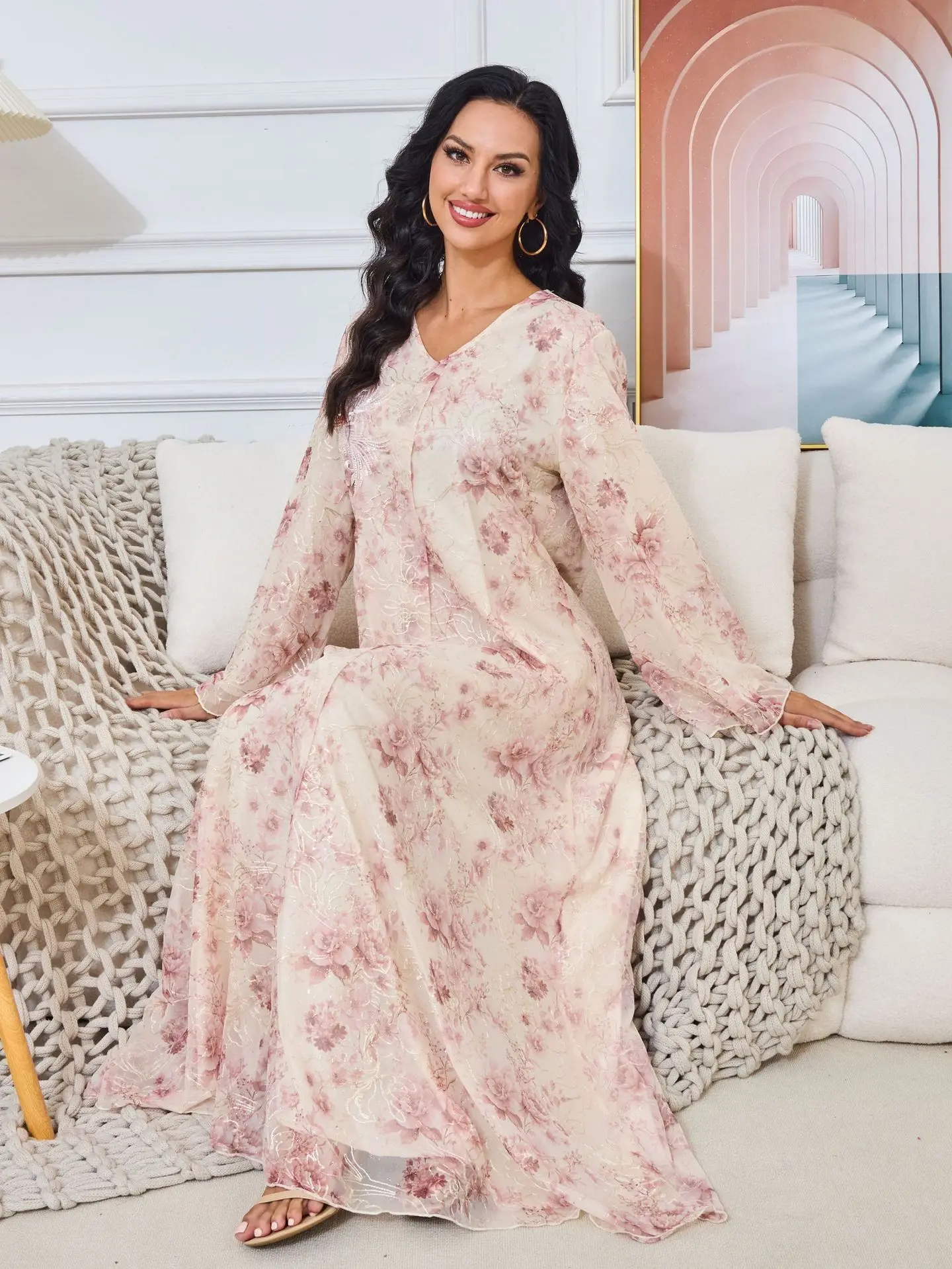 Wholesale sales OEM ODM 2024 long-sleeved new printed large swing skirt abaya fashion casual dress