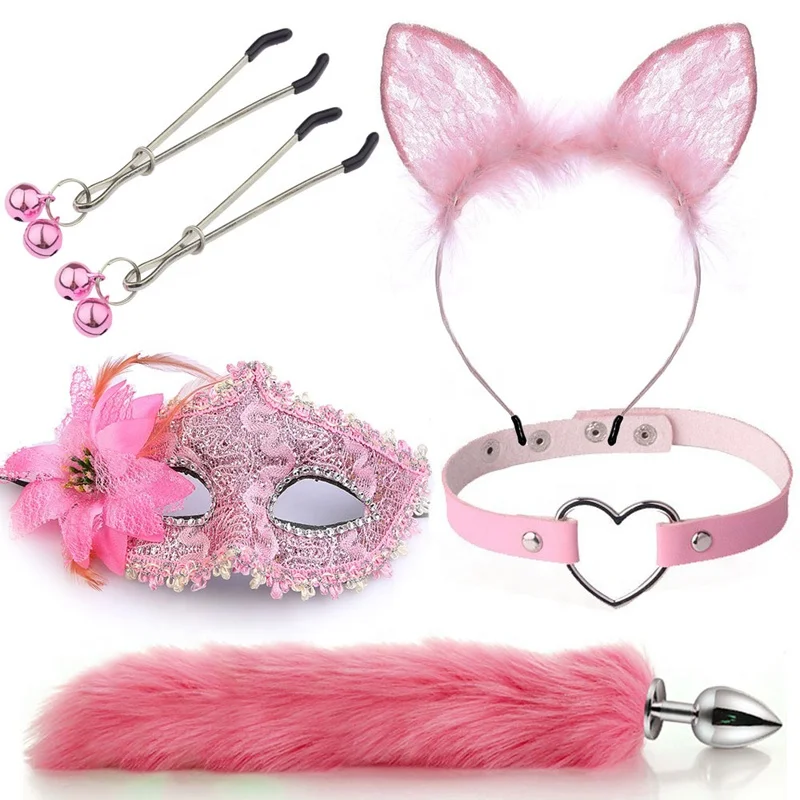 5PCS Sexy Cosplay Flirting SM Erotic Mask Ears Hairband Collar Nipple Clamps Fox Tail Anal Plug Set for Woman