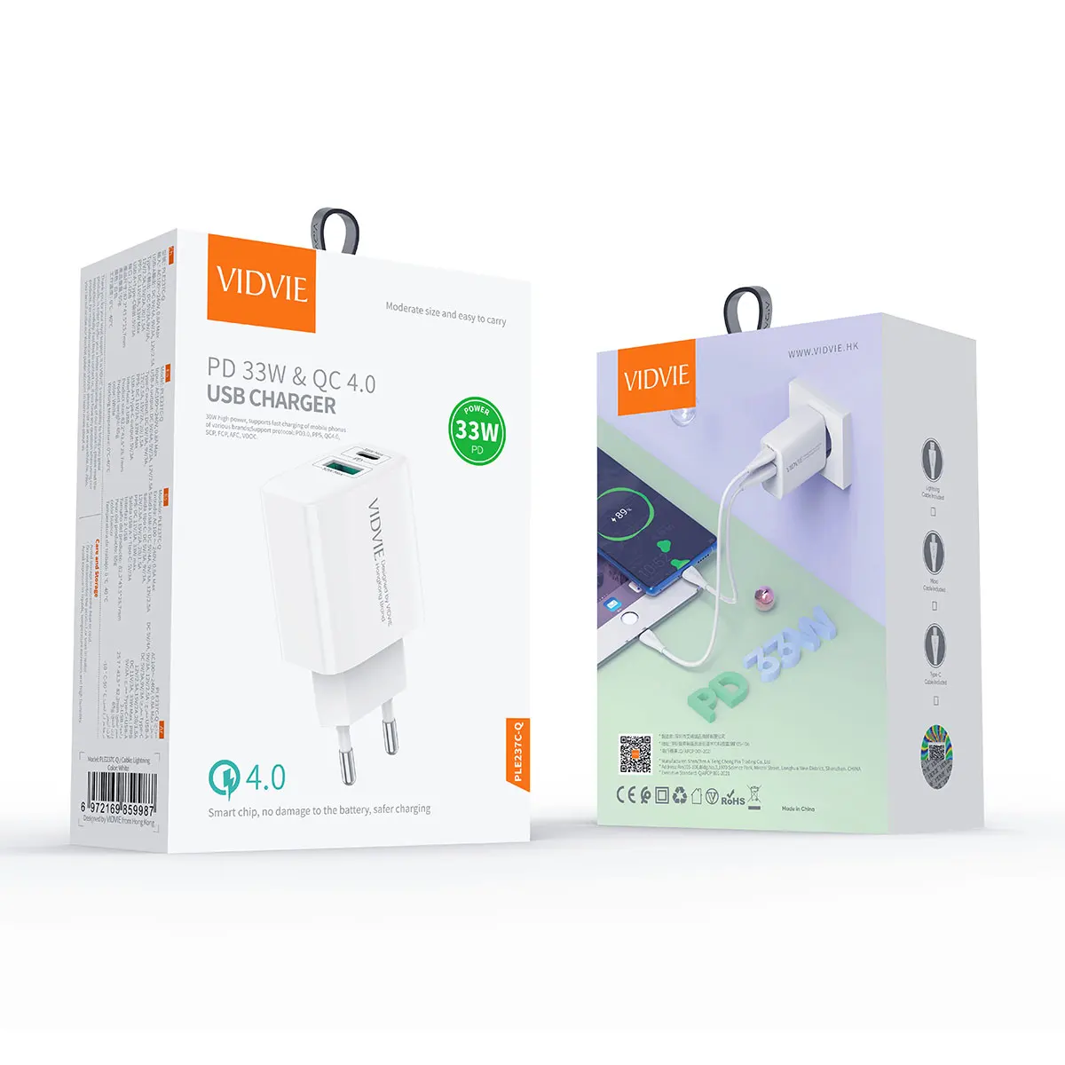 VIDVIE Smart PD 33W Dual USB Ports Type C Caricatore Mobile Charger