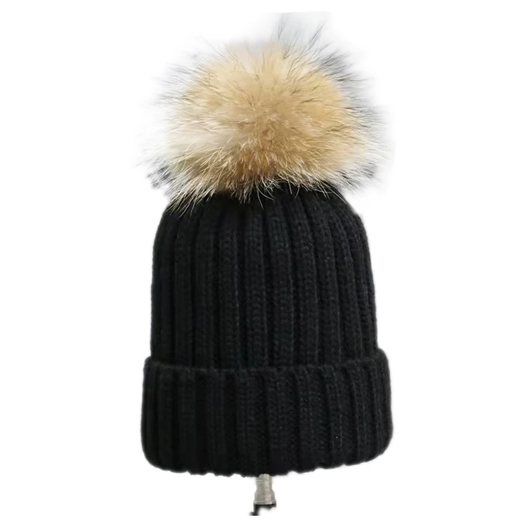 BN22 FUR WINTER Real raccoon fur ball knit hat beanie warm caps hats with pom poms for women