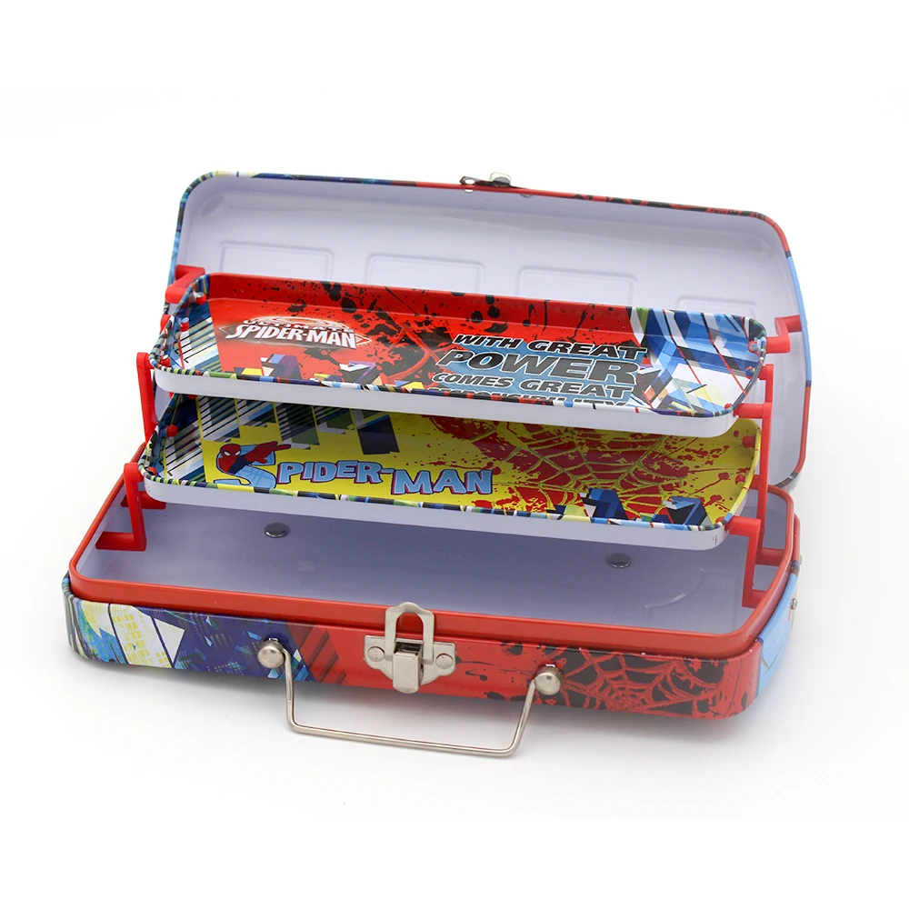 New design custom printed large car shape metal tin pencil box popular empty hinged kid spider man tin pencil case