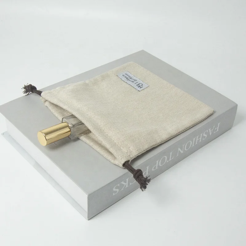 Promotional Personalized Custom Herringbone Linen Drawstring Pouch Cotton Gift Cosmetic Storage Bag