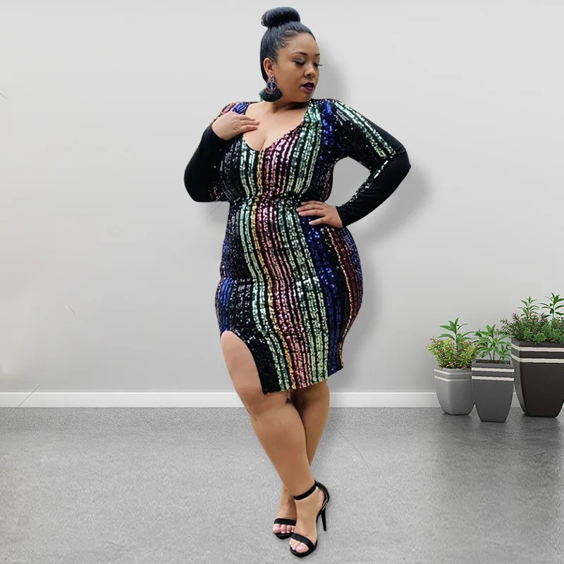  Женская одежда GX619A женское облегающее платье с длинным рукавом сексуальное Элегантное летнее платье-миди большого размера блестками для полных девушек