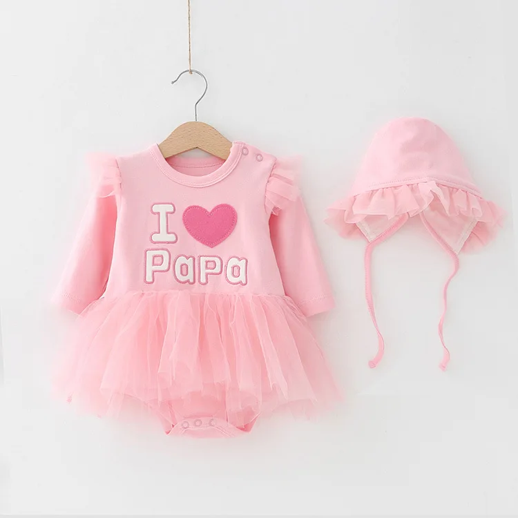 Newborn Baby Girl Romper with Tulle for Autumn Fashion Pink White I love MAMA I Love PAPA Cotton Bodysuit+ Hat Baptism Outfit