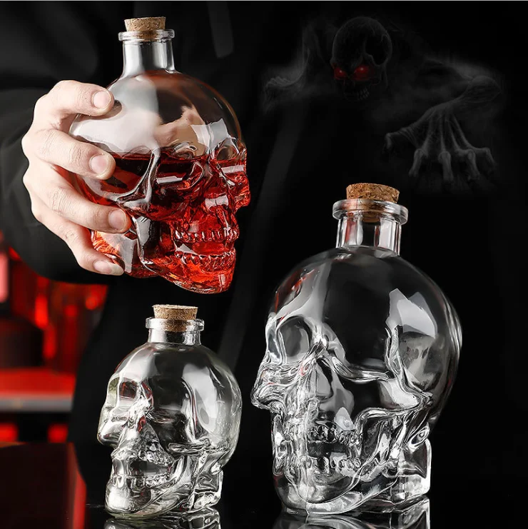 
Skeleton Flint Clear Empty Skull Customized Round Wine Whisky Vodka Glass Bottle 