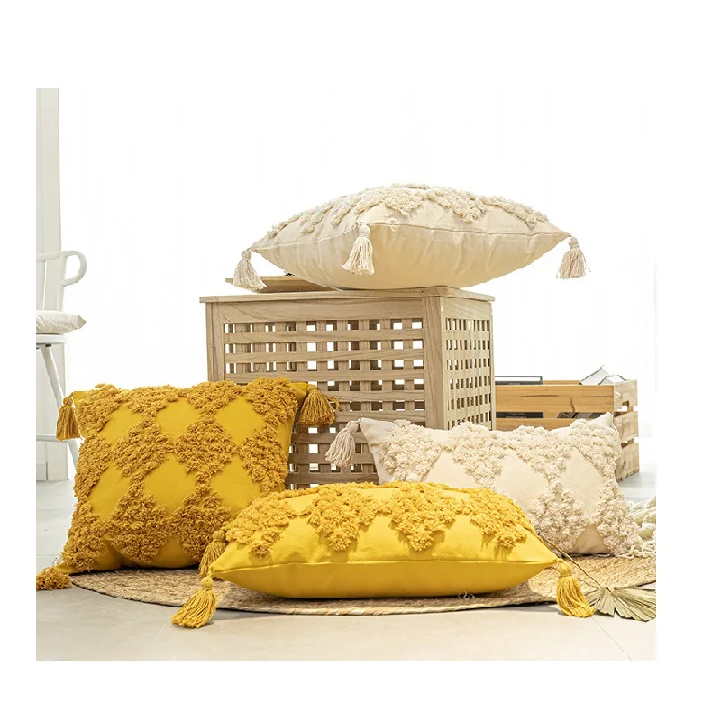 Innermor    Boho Home Decoration Cotton Luxury Beige Gold Yellow  macrame pillow case embroidered  bohemian luxury Throw Pillows