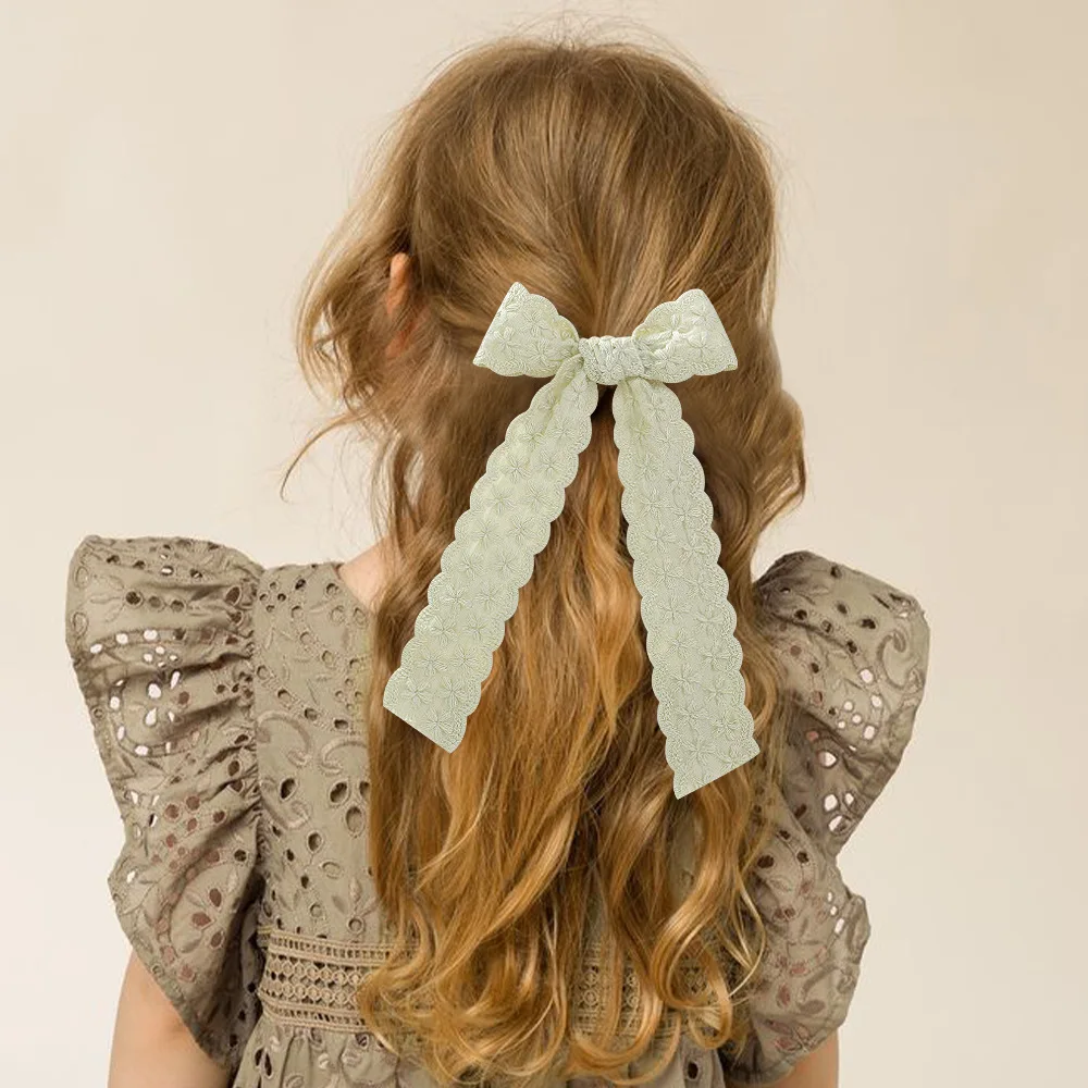 MIO hair clip girls ribbon hair bows blue ribbon bows flower pattern embroidered kids hair clip bow with long tassel