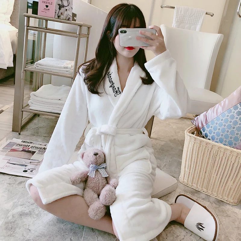 
Good price winter women flannel plus velvet thickening simple pure color bathing home service bathrobes 