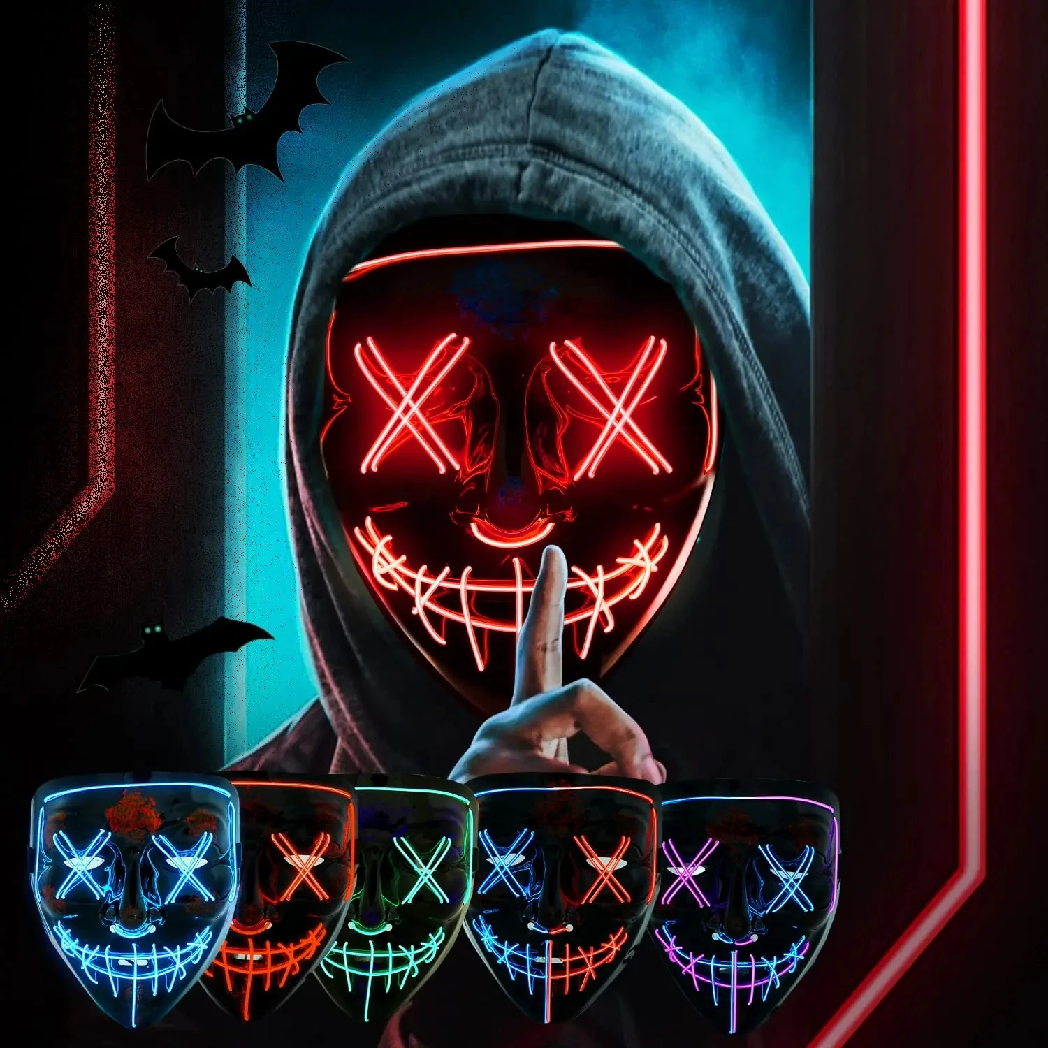 Halloween Neon Led Mask Gloves Masque Masquerade Party Masks Light Glow In Dark Funny LED Masks Cosplay Costume Supplies