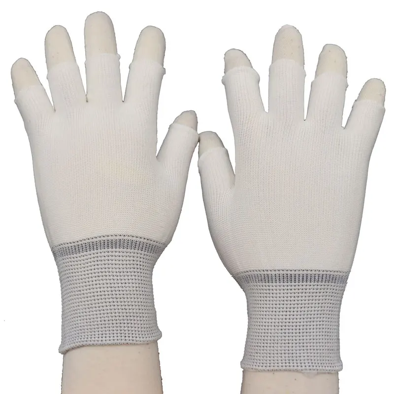 Factory Hot Sale Inspection Fingerless Nylon Half Finger Guantes Polyester Hands White Working Industrial Gloves