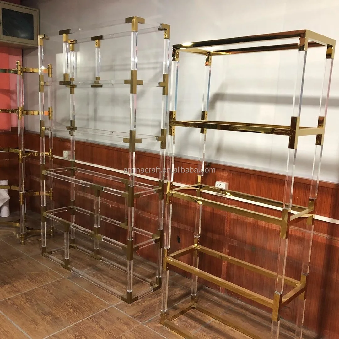 Современный прозрачный акриловый книжный шкаф для дома и офиса с 5 полками и золотым акцентом