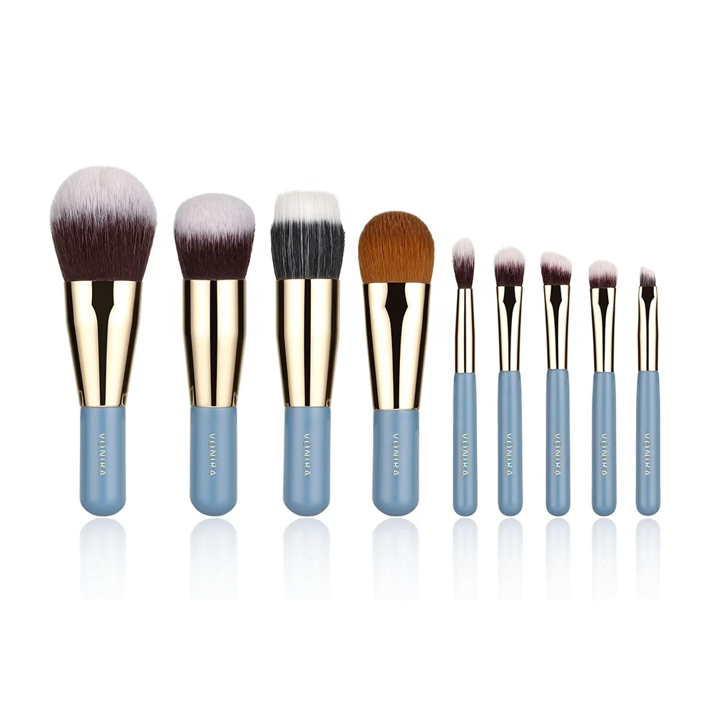 Vonira Beauty Professional Matte Blue Handle Golden Ferrule Makeup Brushes Set 9PCS Synthetic Short Cosmetic Brushes Gift Kit