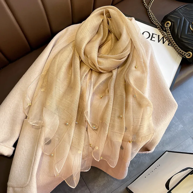 Solid Color Acrylic Long Gold Silk Sequin Scarf Summer Shawl White Pure Silk Scarf For Women Stylish