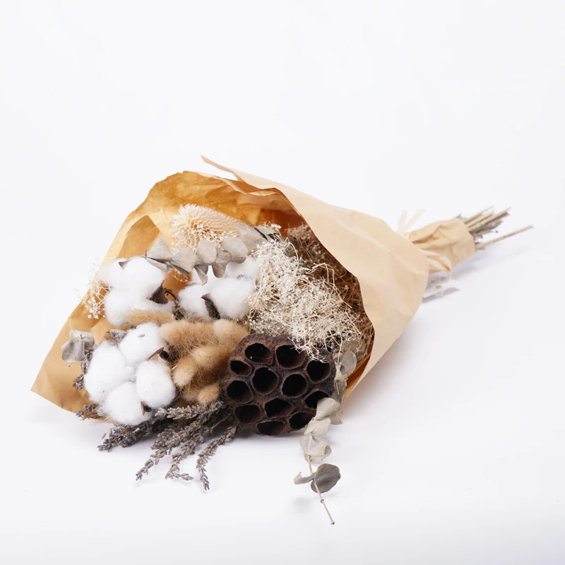 
Dried decorat Flowers natural items Cotton lavender lotus eucalyptus rabbit tail bouquet with paper wrapped Customized DIY 