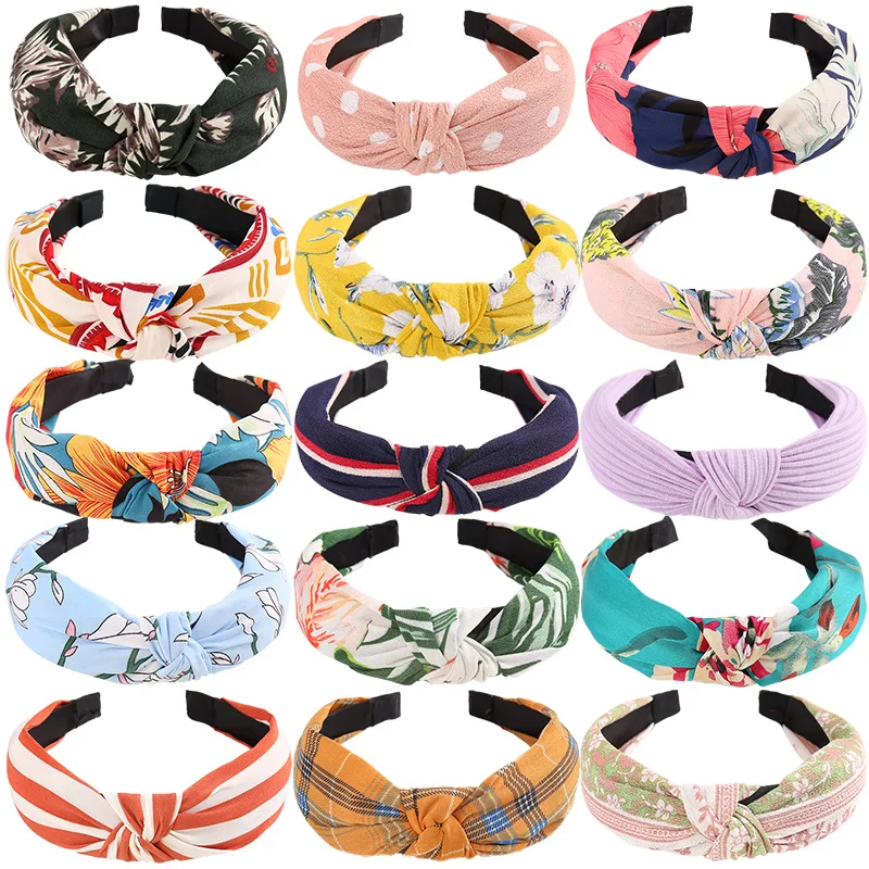 
New cloth art hair band fashionable ladies wide side wash hair band cross tie stripe contrast color hair band 