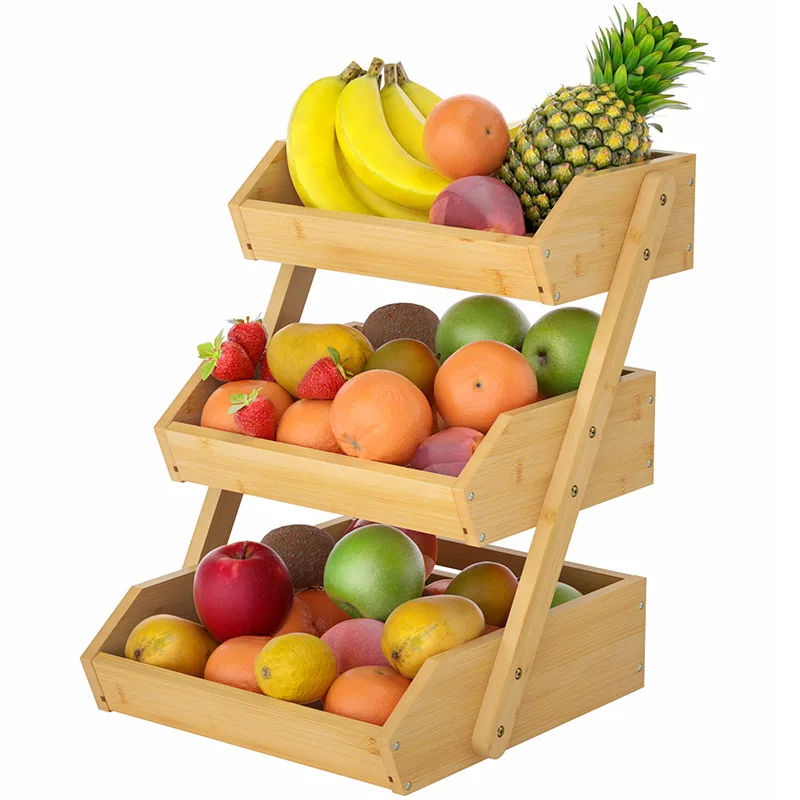 Custom Bamboo 3 Tier Fruit Vegetable Holder Storage Organizer Stand Large Fruit Basket