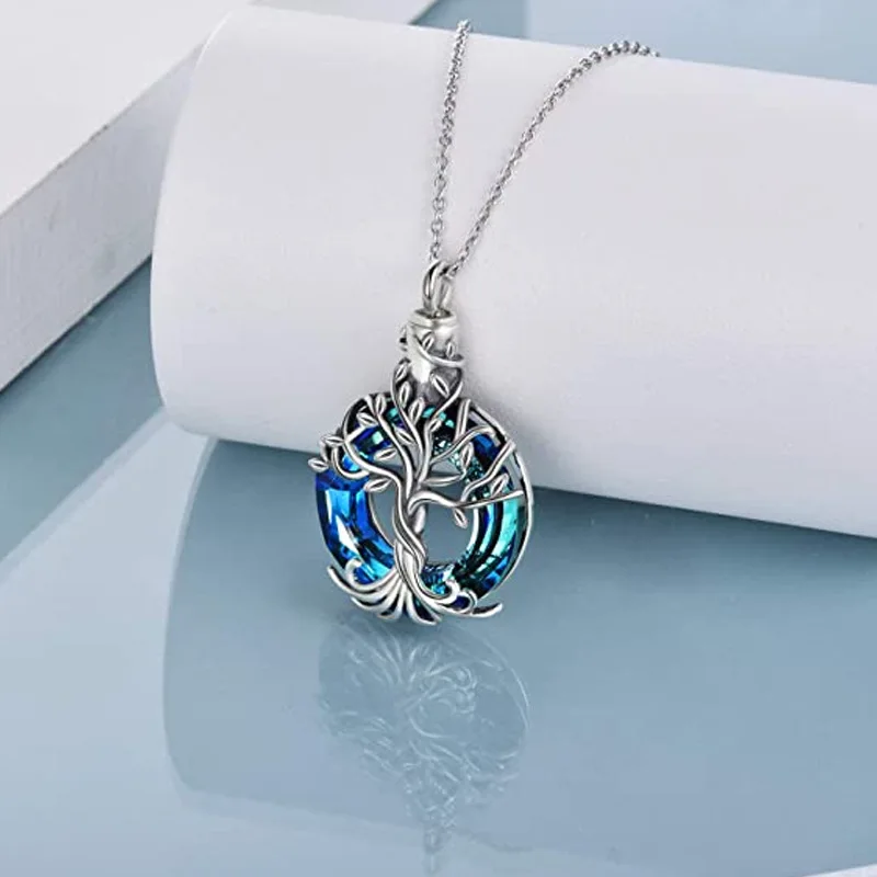 Best-Selling Classic Blue Crystal Life Tree Stainless Steel Pet Ash Pendant Necklace Cross-Border Hot Pet Caskets Urns