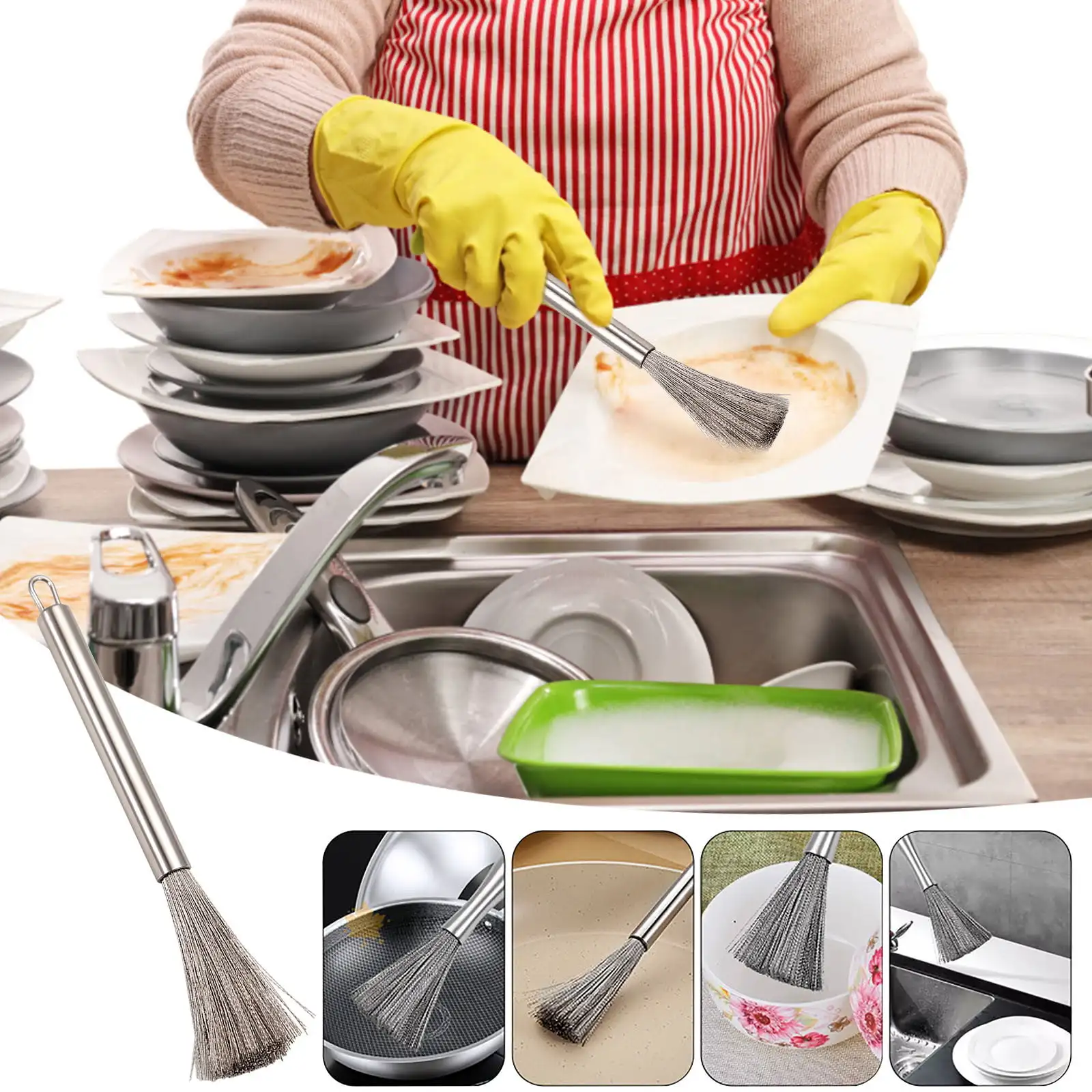 Stainless Steel Flexible Pot Cleaning Brush Kitchen Not Hurt the Dishwashing Brus Hung Long Handle Wire