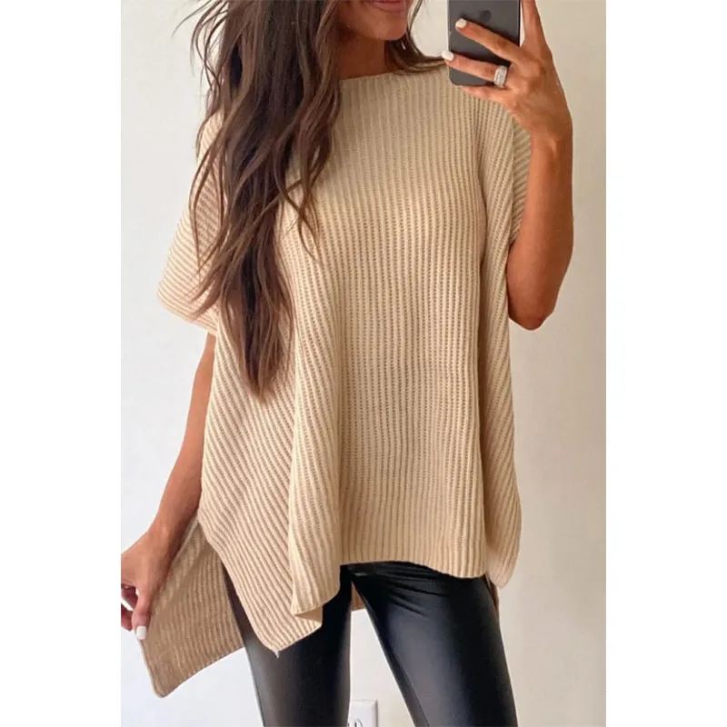 Women Fashion Apricot Short Sleeve Side Slit Oversized Sweater