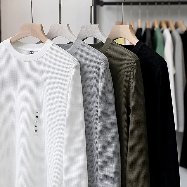 100% organic cotton blank knit waffle long sleeve t shirt