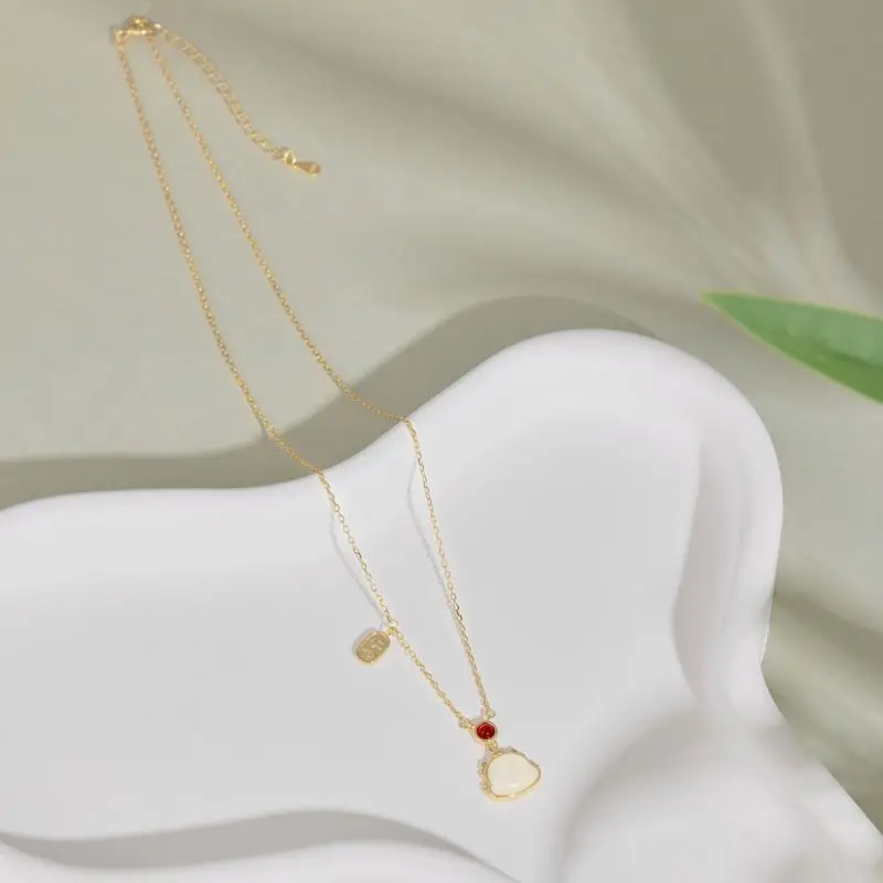 Fine Jewelry Natural Red Hetian Jade 18K Gold Plated Necklace 925 Silver Green Bead Chinese Dragon Pendant Necklaces For Women