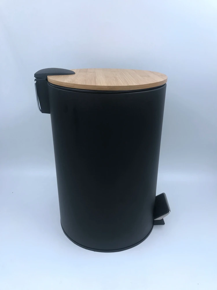2024 popular model bamboo lid 5 Liter Black Round Metal Foot Pedal trash can with Removable Inner Wastebasket for Kitchen
