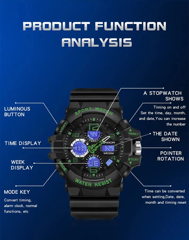 SANDA 3168 2024 Brand G- Style Watch Men Digital Shock Sports Watches For Man Waterproof Electronic Wristwatch Mens