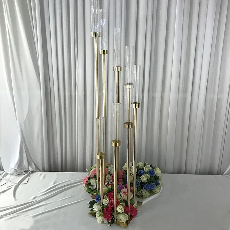 hintcan 8 head 136cm tall shiny gold metal glass /arcylic tube candle holders wedding floor candelabra centerpiece decoration