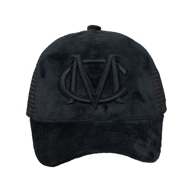 5 Panel Velvet and Mesh Leather Patch on Back Black Trucker Hat Custom Embroidery Logo