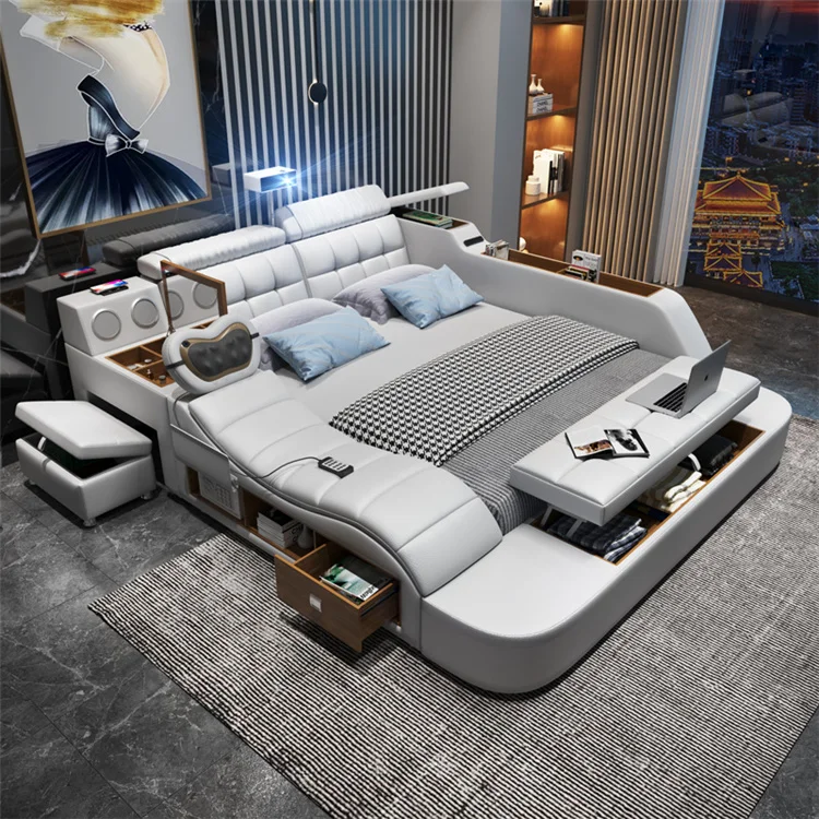 Большая Современная двухспальная кровать SUNSGOODS из натуральной кожи, современная итальянская кожаная Роскошная двухспальная кровать большого размера