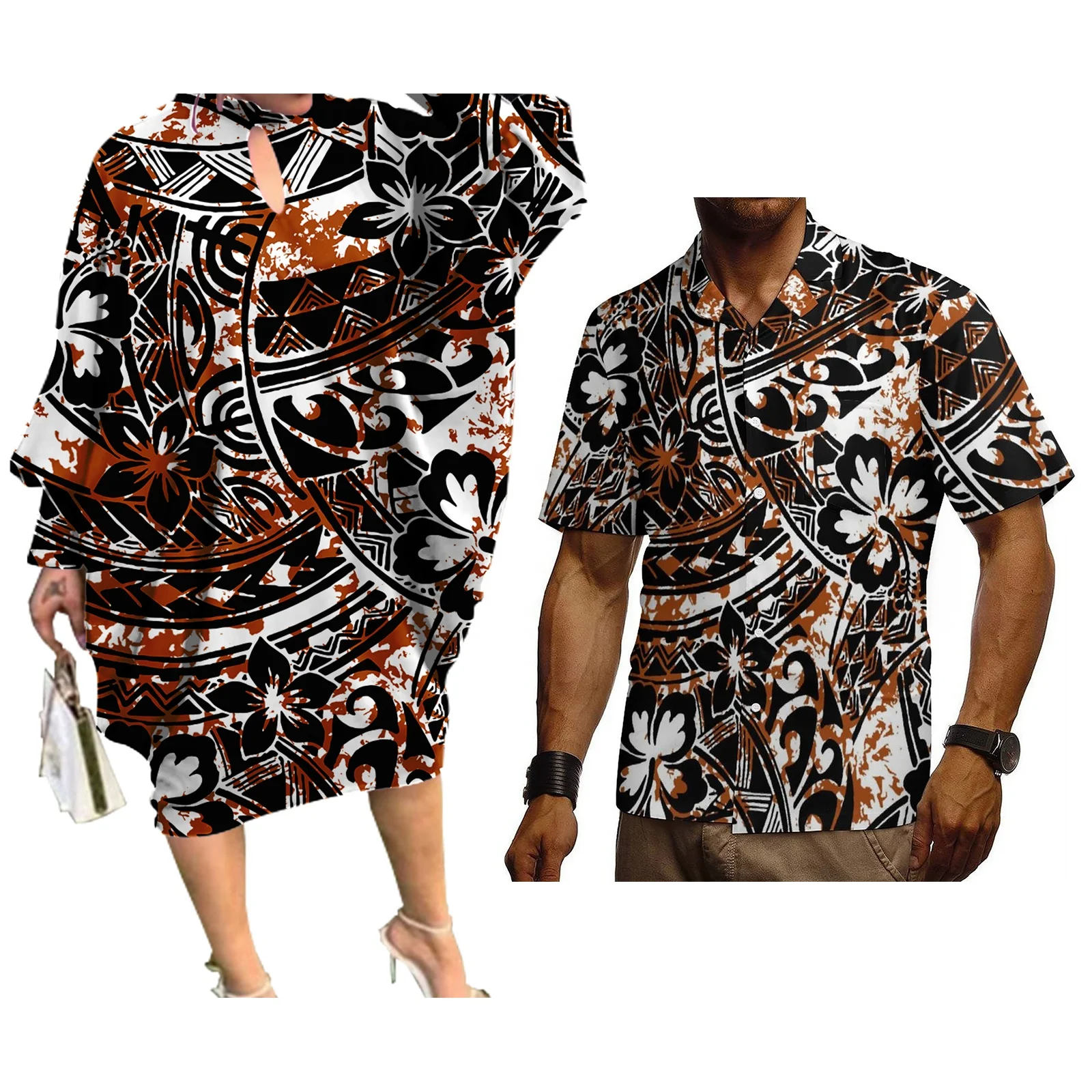 Vintage Hibiscus Print Long Sleeve Elegant Ladies Kaftan Dress and Hawaii Shirt Men Polynesian Samoa Tatau Plus Size Couple Set