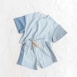 2023 Summer Toddler Girls Cotton Short Sleeve Top+Shorts Set Baby Boys Shortsleeve Tee Outfits Sets Kids Stitching Color Clothes