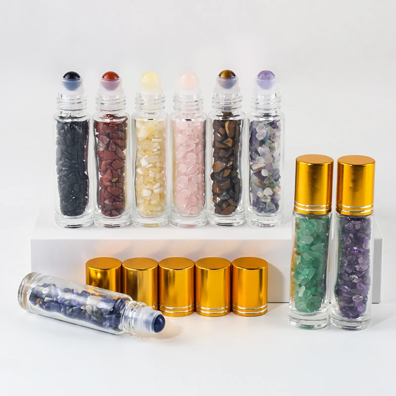 Clear Glass Roller Bottles 10ml Gemstone Essential Oil Roller Bottles with Silver Aluminum Cap and Crystal Stone Roller Balls