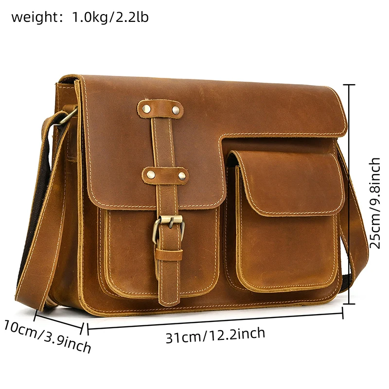 Mens Cow Leather Shoulder Bag Vintage Brown A4 Crazy Horse Leather Messenger Bag Big Crossbody Briefcase Bag