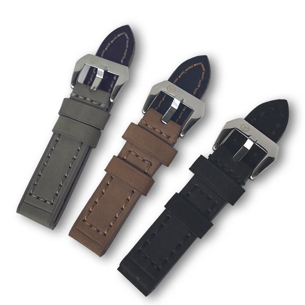 High Quality Nubuck Genuine Leather Making Watch Straps with Polished Stainless Steel Buckles