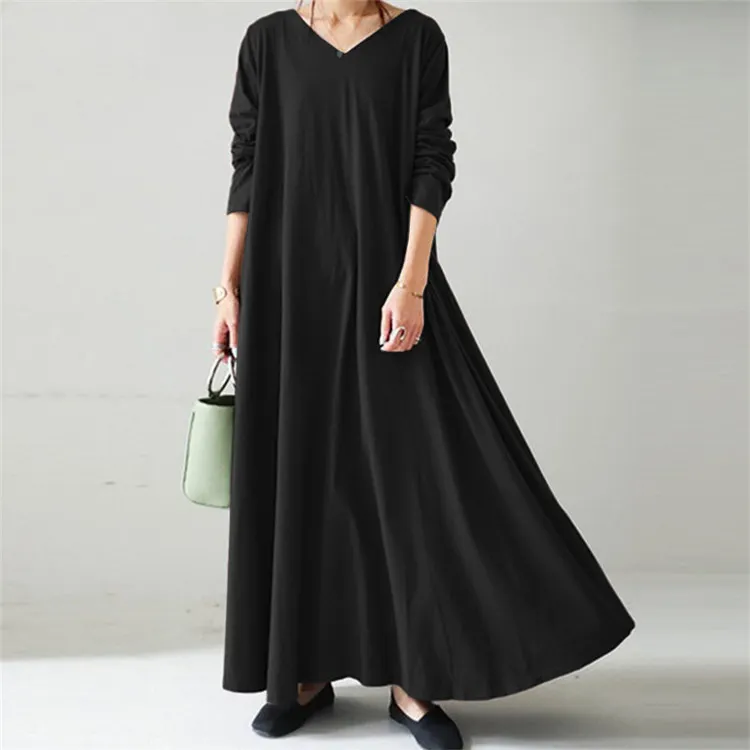 Latest autumn women clothing oversized long casual dresses plus size solid color long sleeve v neck maxi dress with pockets