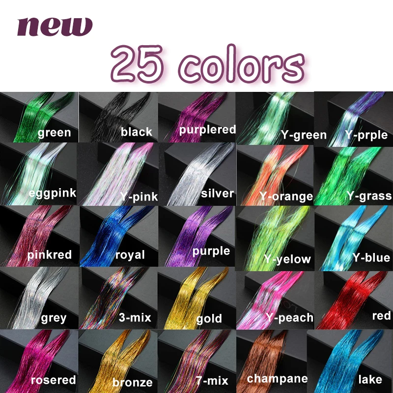 thai hair silk tinsel heat resistant 22colors 93cm 120cm diamond glitter hair tinsel coloured synthetic hair tinsel strands on t