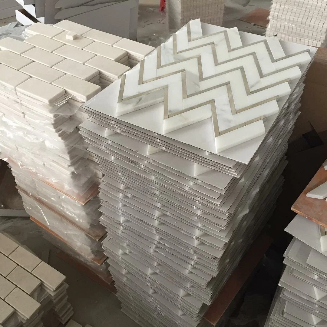 Dth stone Calacatta marble mix gold aluminium alloy chevron parquet mosaic tiles