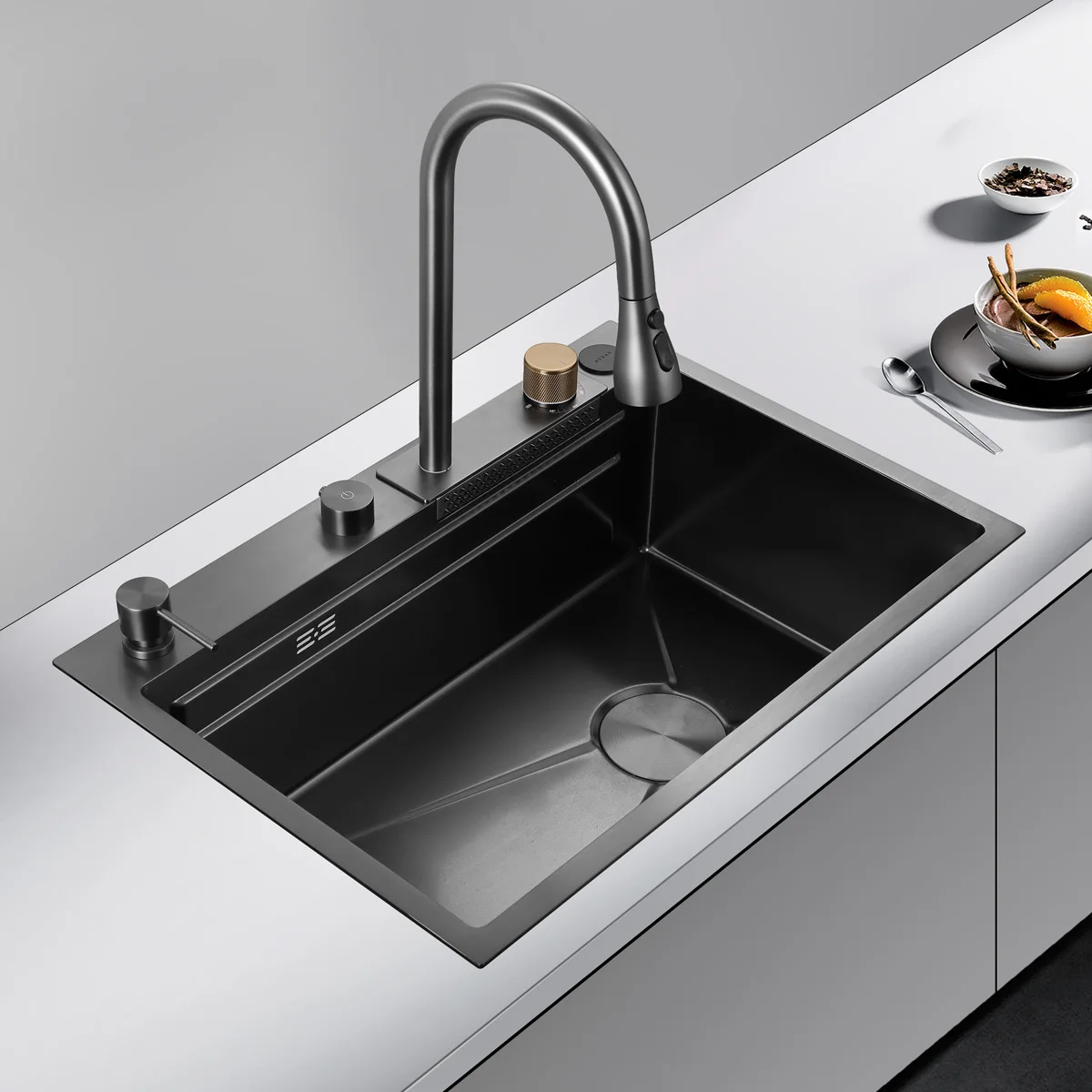 Asras New Model 6847FY ss304 Stainless Steel Single Basin Nano Black Rainfall Handmade Kitchen Sink with Rainfall Faucet