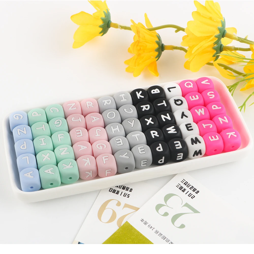 12mm Square Cube Shape Alphabet letter Soft Chew Bead Baby Silicone Teething Beads For Pen Keychain Necklace Jewelry Making