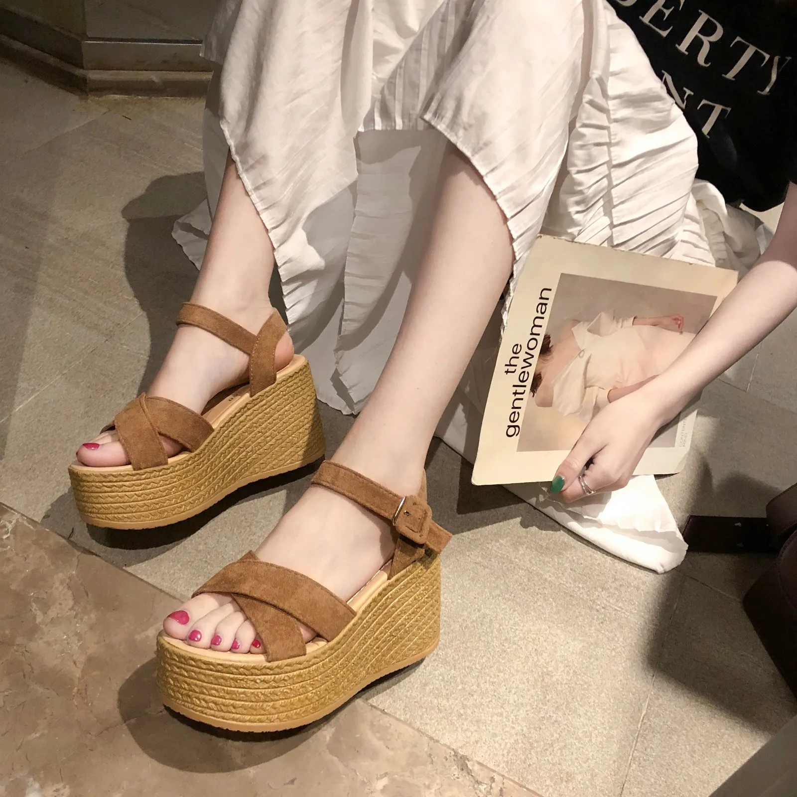 Exquisite Handmade Espadrille Shoes for Women Suede Leather Cross Strap Wedge Sandals