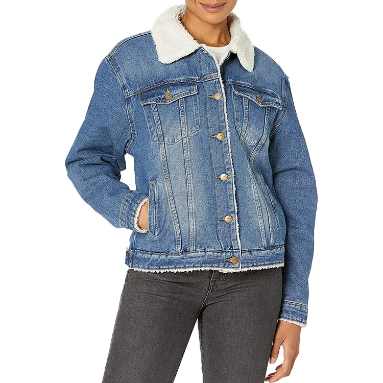 custom wholesale jean denim jacket winter dropped shoulder women jackets with fur