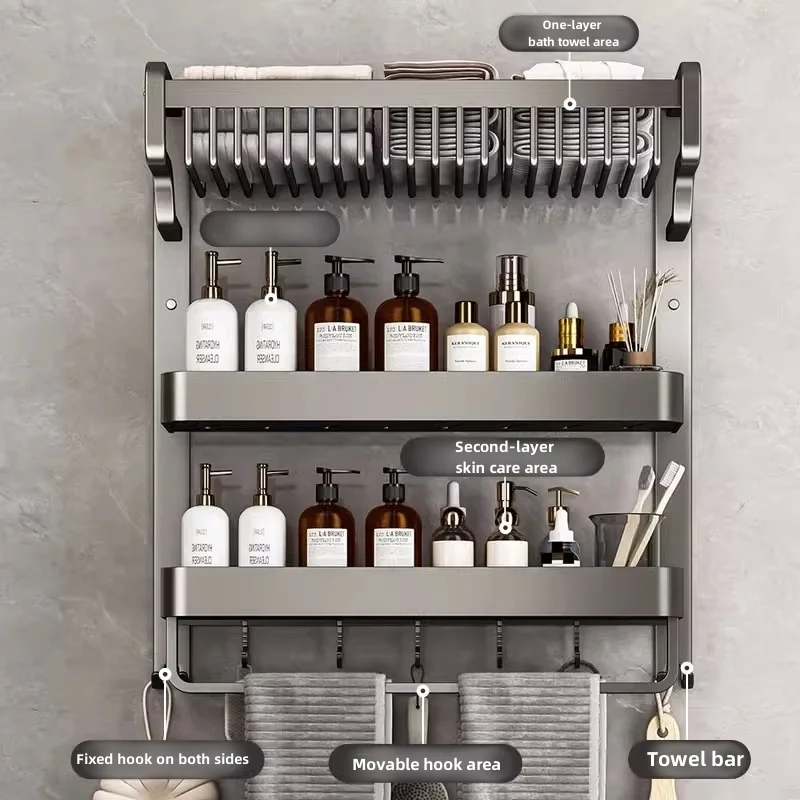 Factory Multifunction 3 Tier Towel Rack Wall-Mounted Bathroom Accessories Towel Storage Shelf Aluminum Towel Bar Shelf with Hook